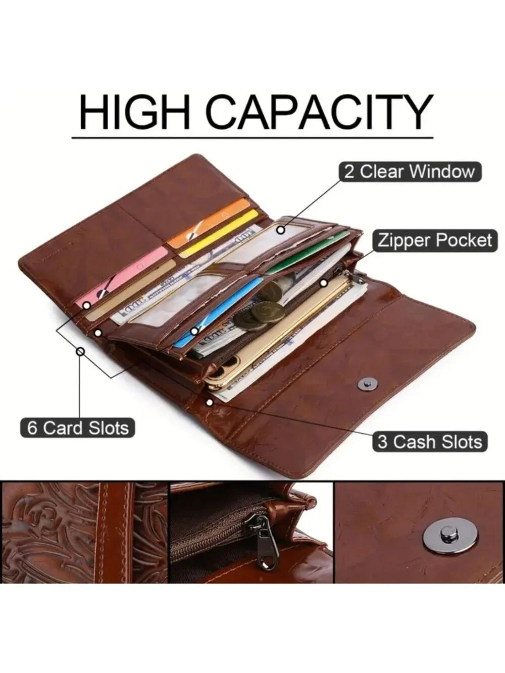 Women’s RFID Leather Trifold Wallet Embossed Long Clutch Purse Card Holder